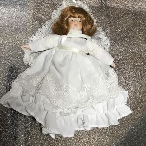Vintage Porcelain Doll in White Lace Dress